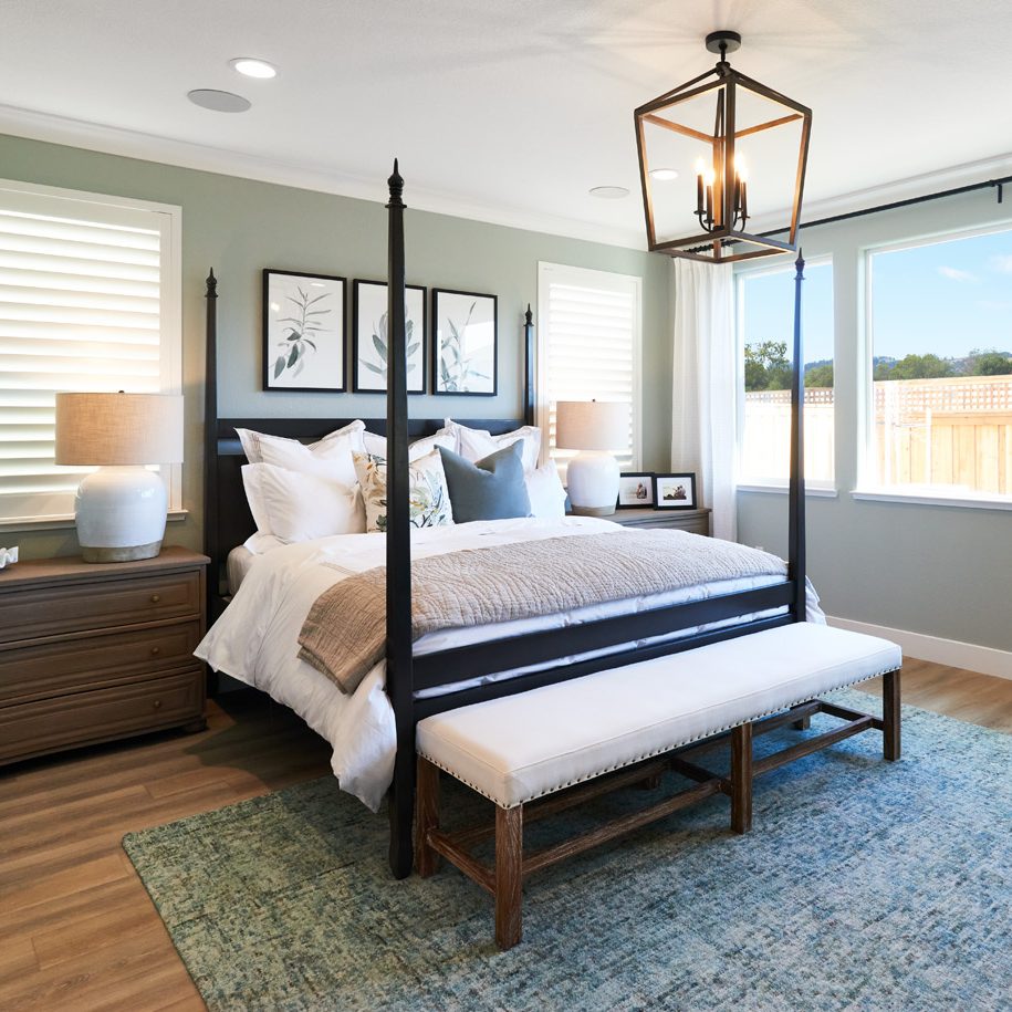 A large master bedroom with a dark wood bed frame and blue walls